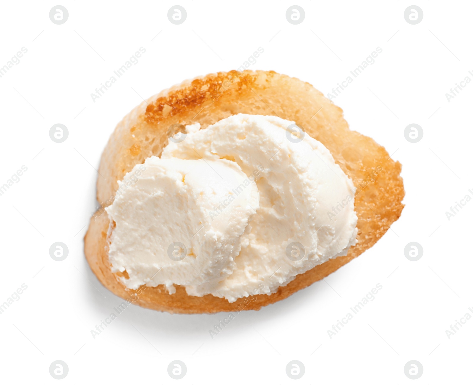 Photo of Piece of baguette with tasty cream cheese on white background, top view