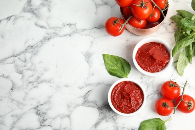 Photo of Flat lay composition with tasty homemade tomato sauce and space for text on marble background