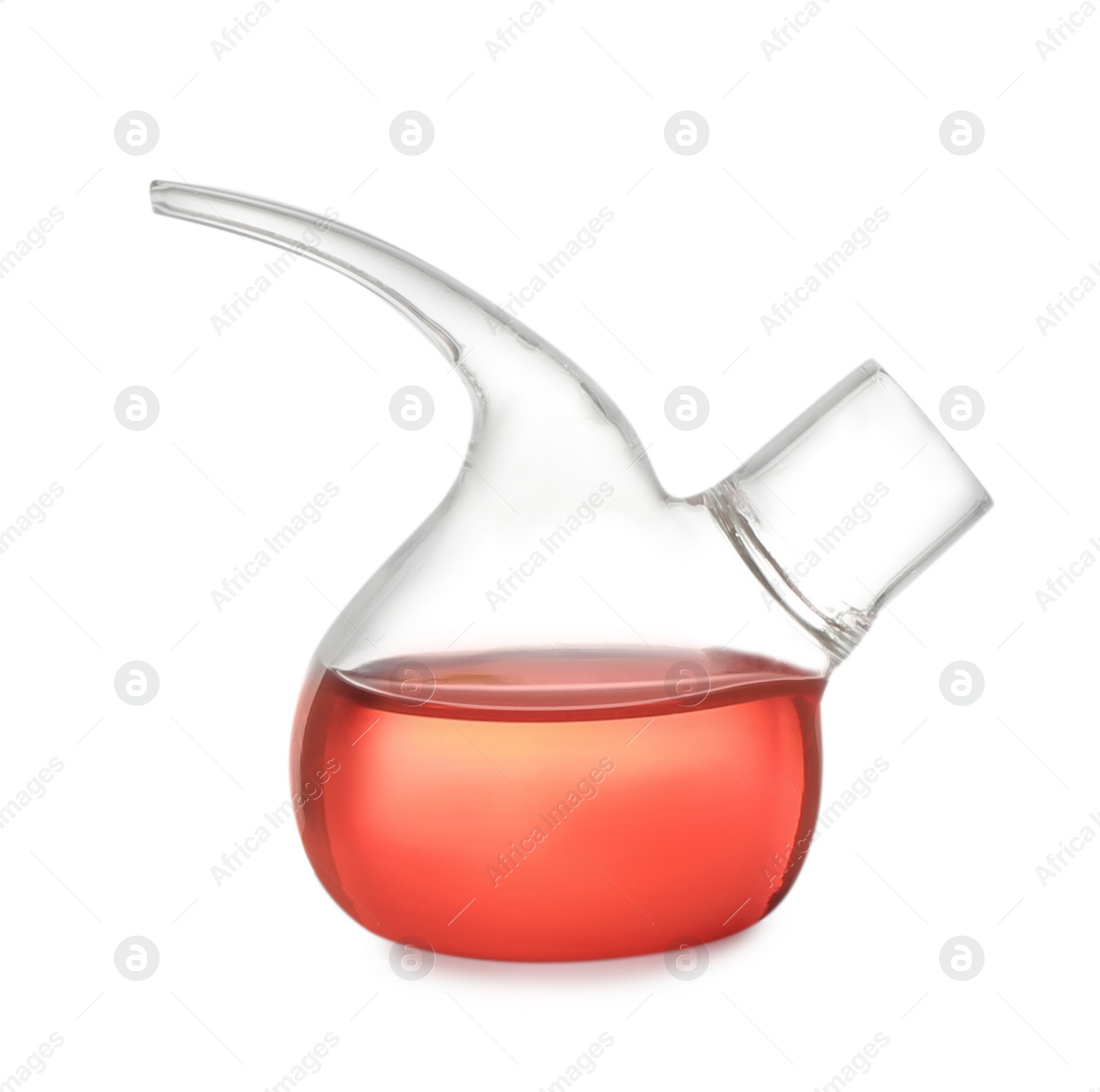 Photo of Retort flask with red liquid isolated on white