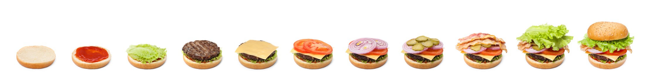 Image of Step by step burger making on white background. Collage design