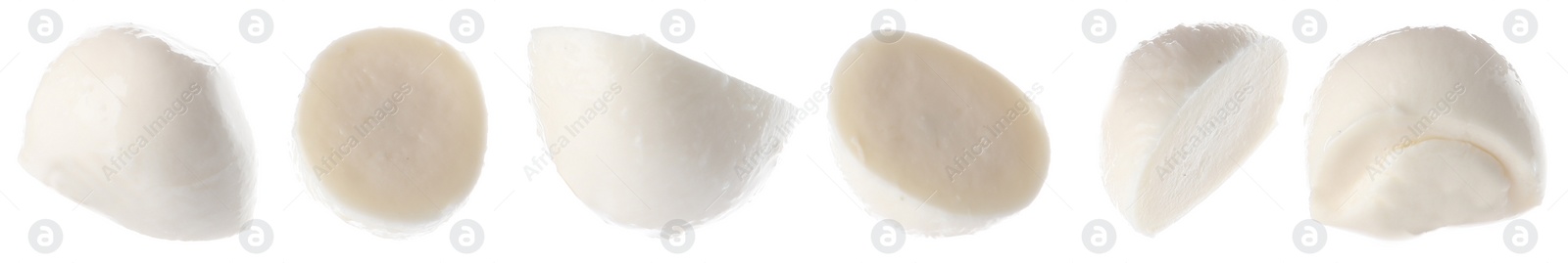 Image of Pieces of delicious mozzarella cheese on white background, banner design