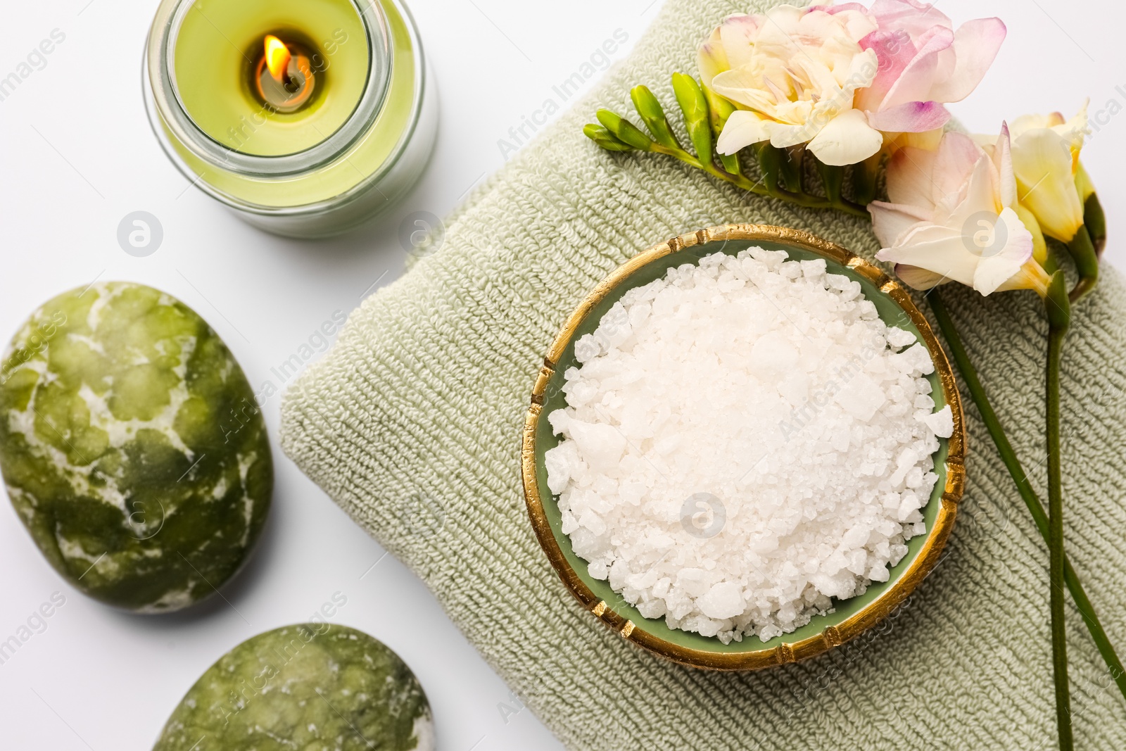 Photo of Flat lay composition with different spa products on white background