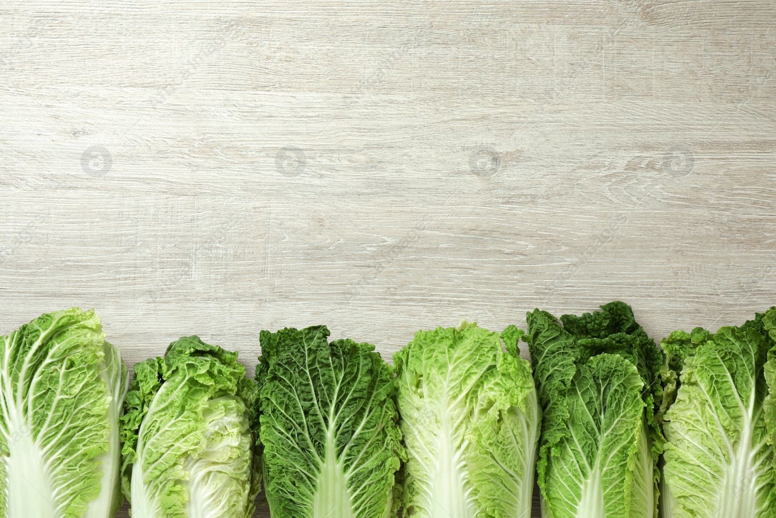 Photo of Fresh ripe Chinese cabbages on white wooden table, flat lay. Space for text