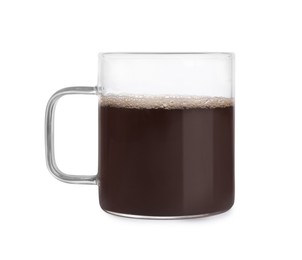 Photo of Aromatic coffee in glass mug isolated on white