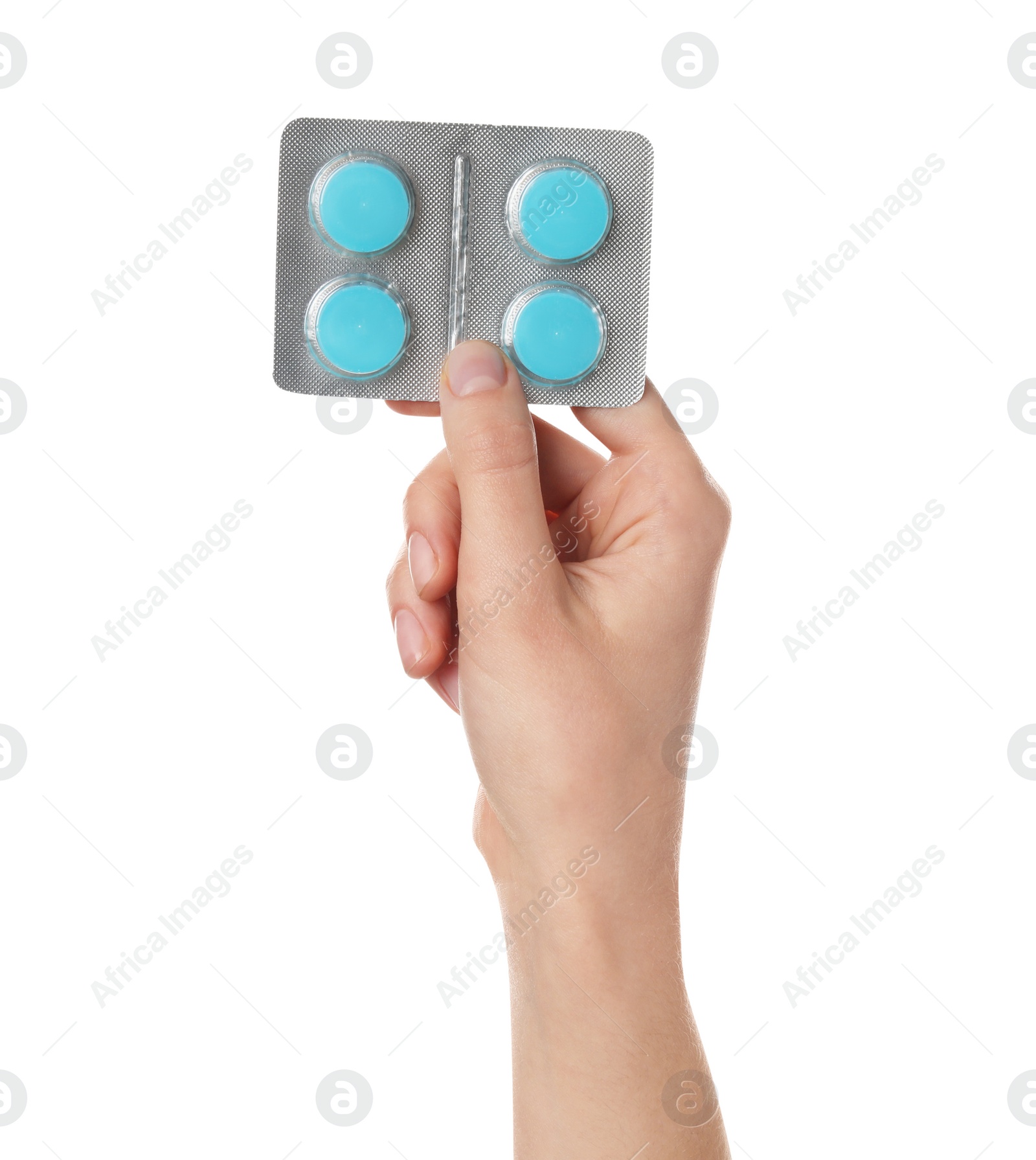 Photo of Woman holding blister with cough drops on white background, closeup