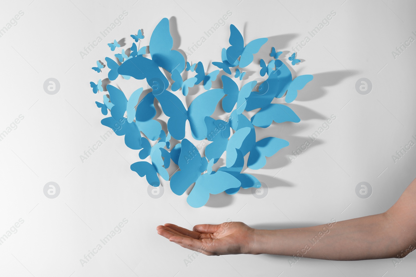 Image of Light blue paper butterflies on white wall. Woman showing decorative element