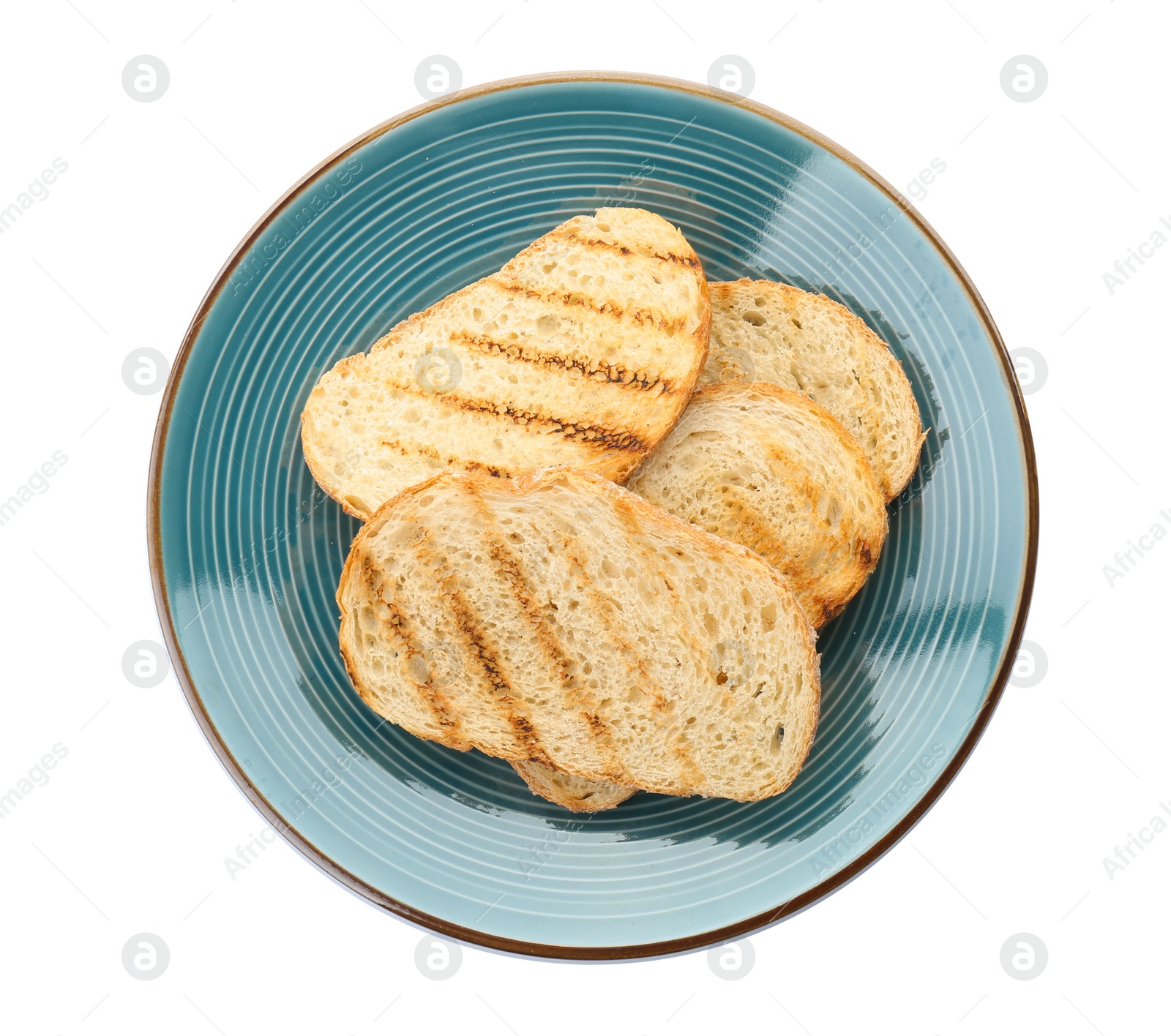 Photo of Plate with toasted bread on white background, top view