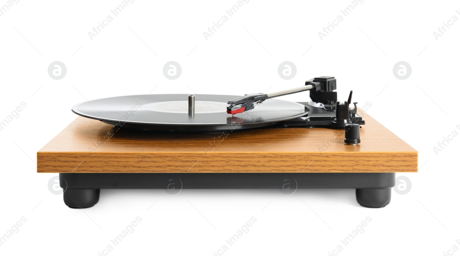 Photo of Modern vinyl record player with disc isolated on white