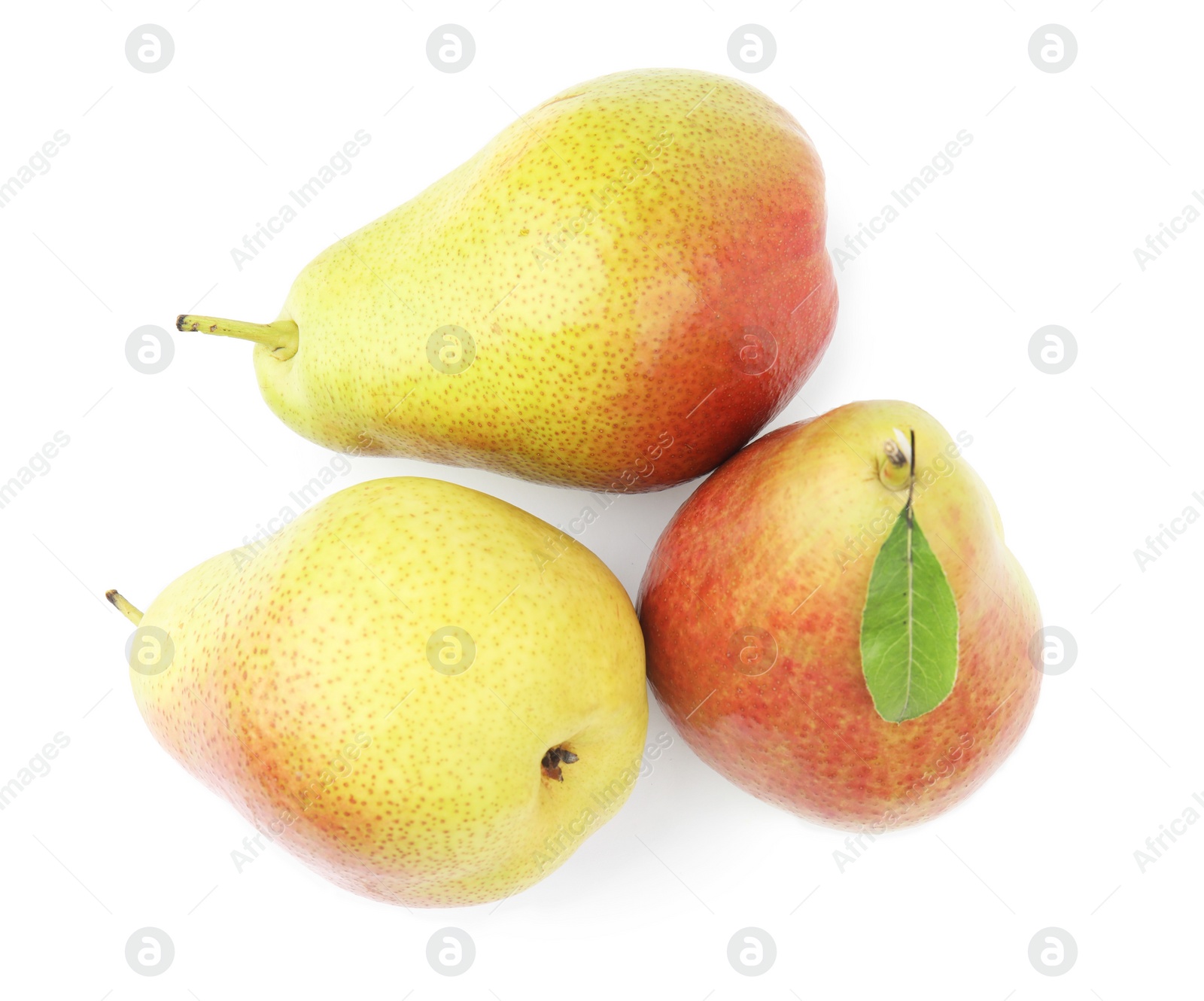 Photo of Fresh ripe juicy pears isolated on white, top view