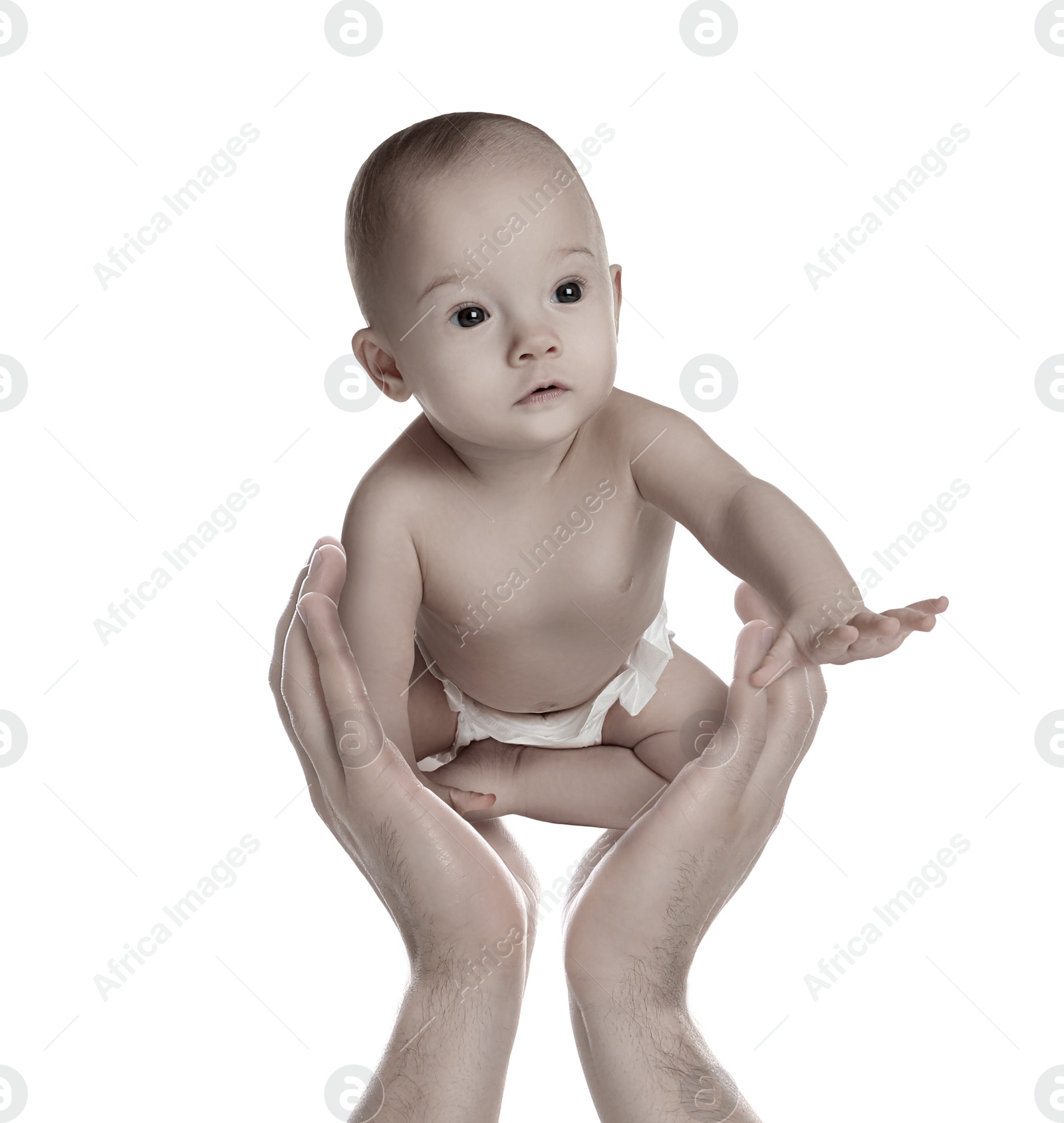 Image of Surrogacy concept. Man holding cute little baby on white background, closeup