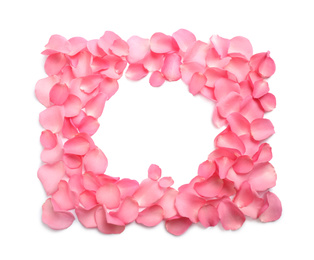 Frame made of pink rose petals on white background, top view