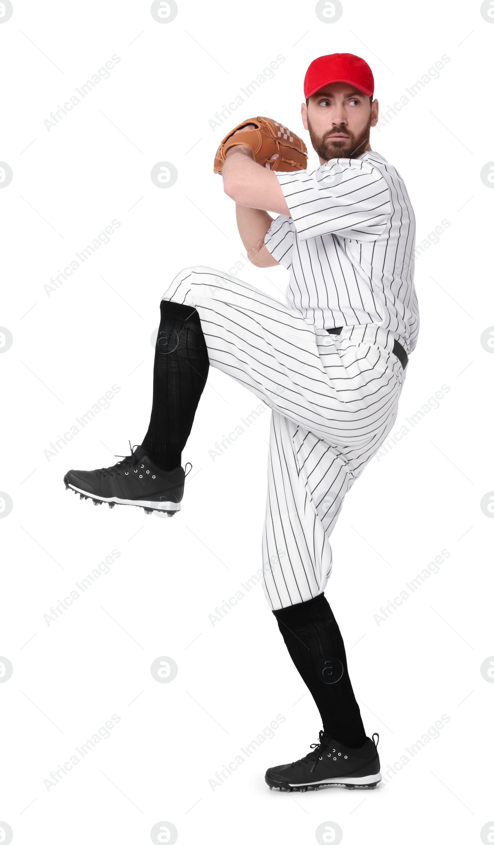 Photo of Baseball player with leather glove on white background