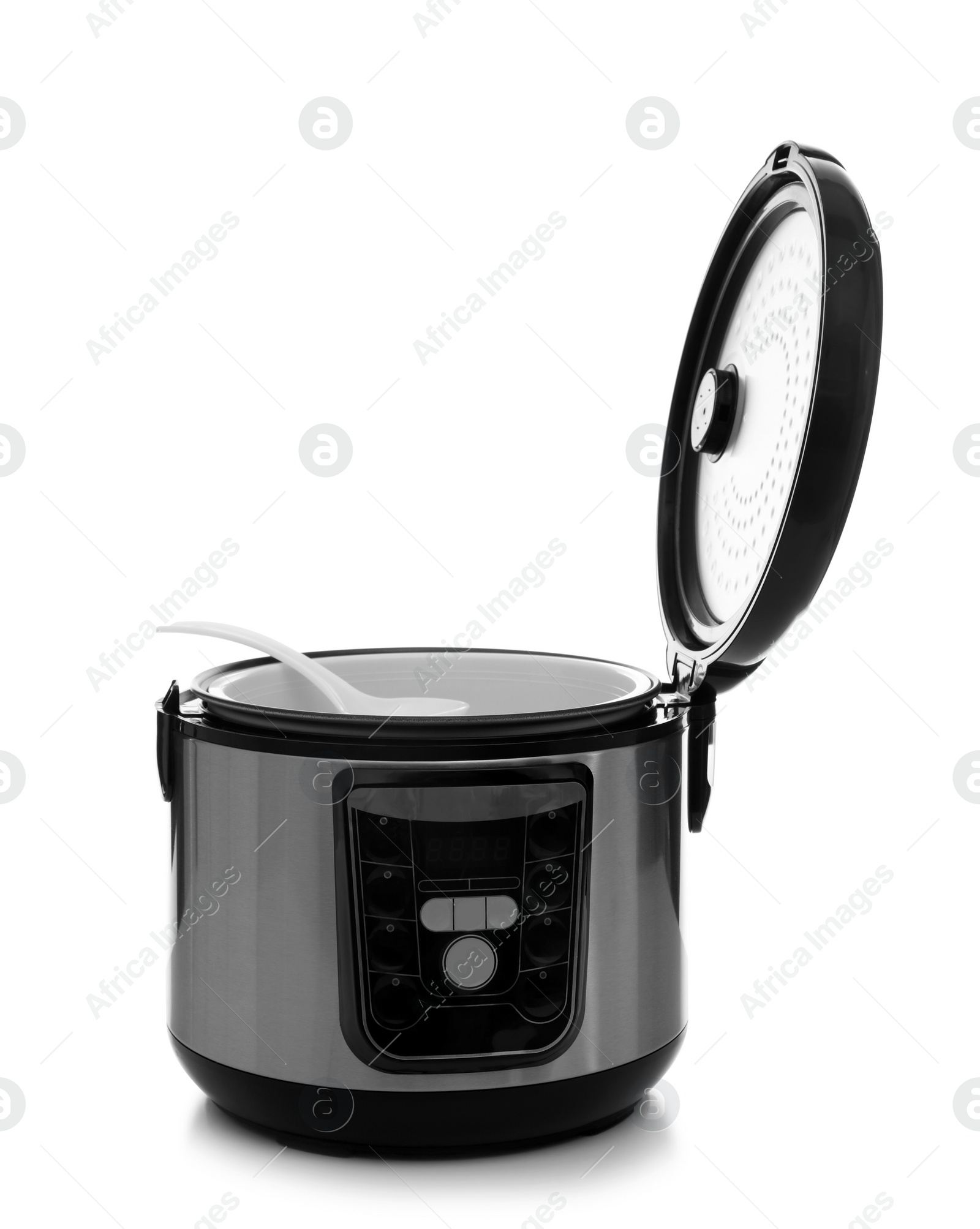 Photo of Modern electric multi cooker with spoon on white background