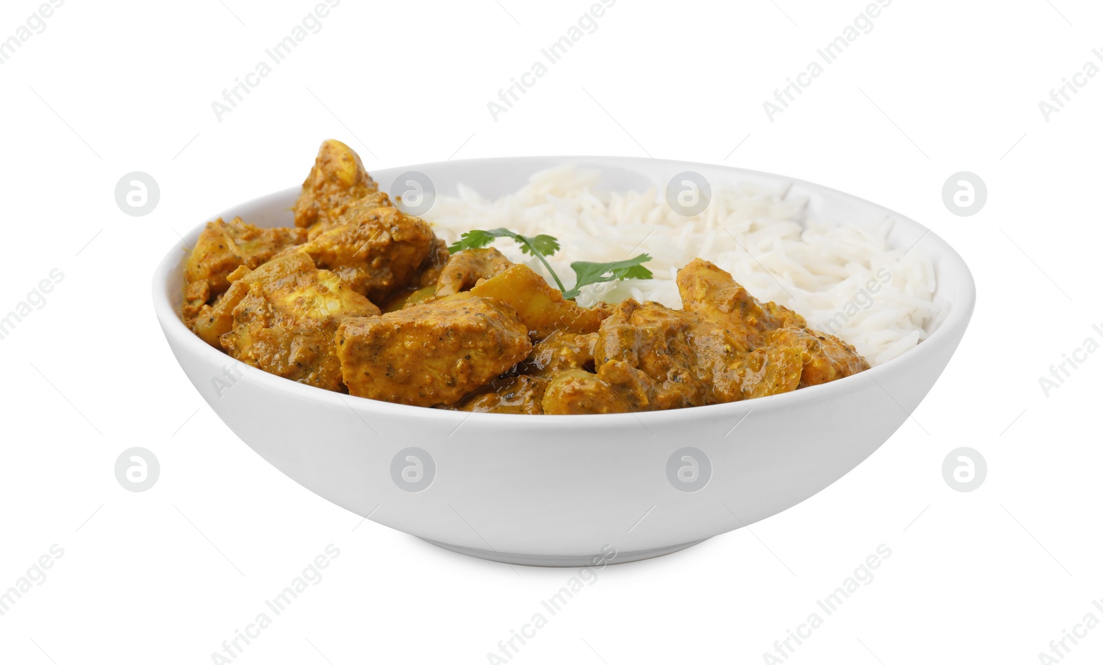 Photo of Delicious chicken curry with rice isolated on white