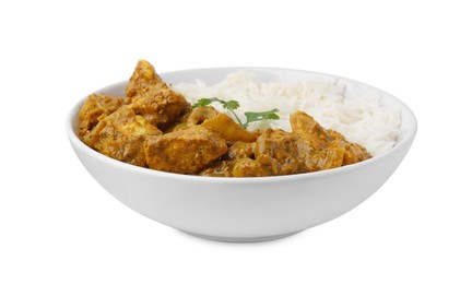 Photo of Delicious chicken curry with rice isolated on white