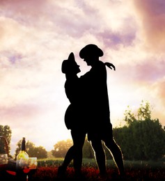 Image of Silhouette of lovely couple hugging on picnic in park