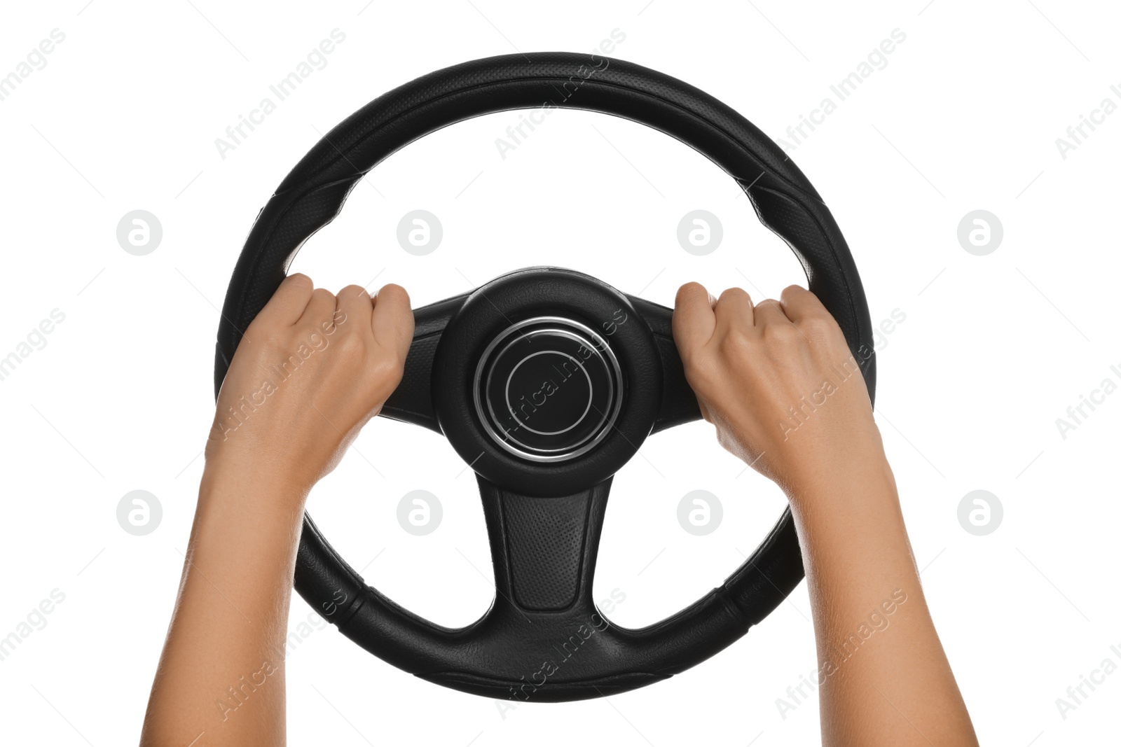 Photo of Woman with steering wheel on white background, closeup