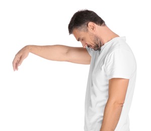Man in sleepwalking state on white background
