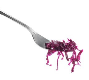 Photo of Fork with tasty red cabbage sauerkraut isolated on white