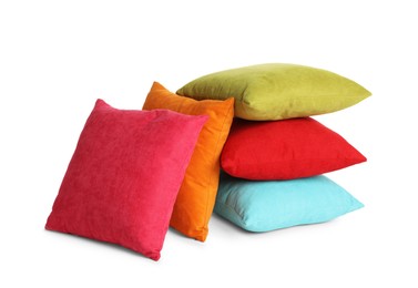 Photo of Different colorful decorative pillows on white background