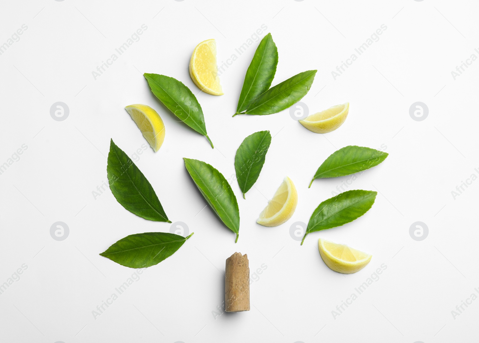 Photo of Composition with fresh green citrus leaves and lemon slices on white background, top view