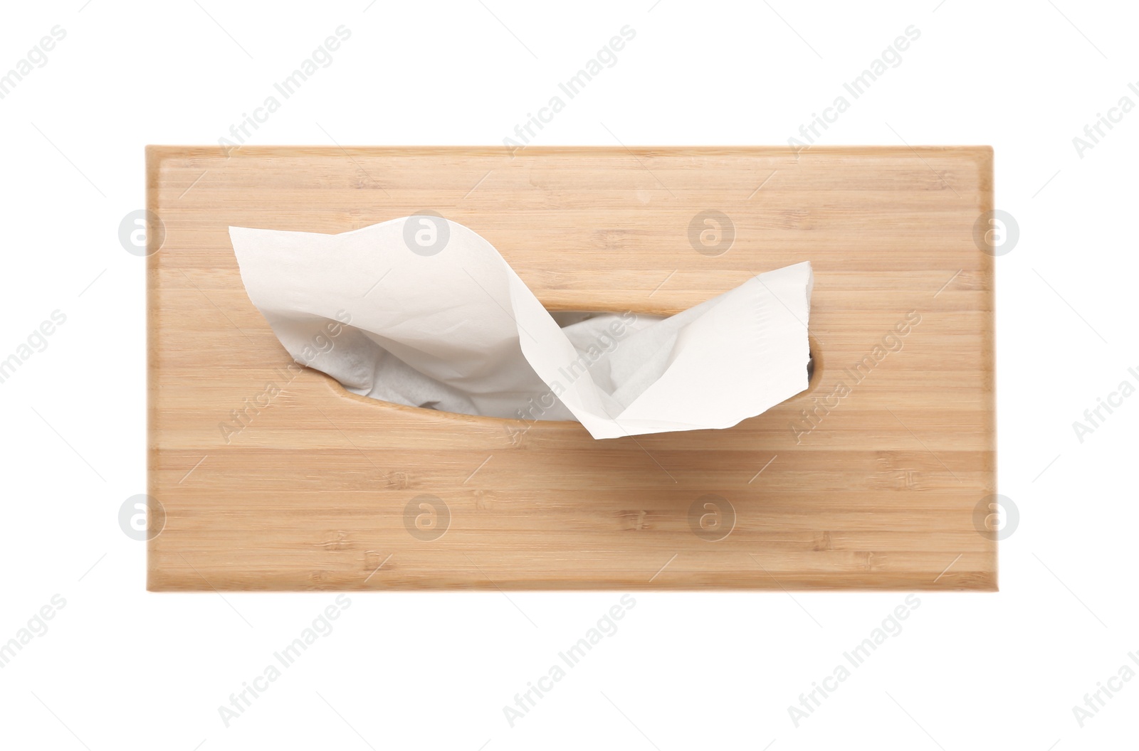 Photo of Wooden holder with paper tissues isolated on white, top view