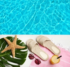 Image of Beach accessories on white wooden deck near swimming pool, flat lay 
