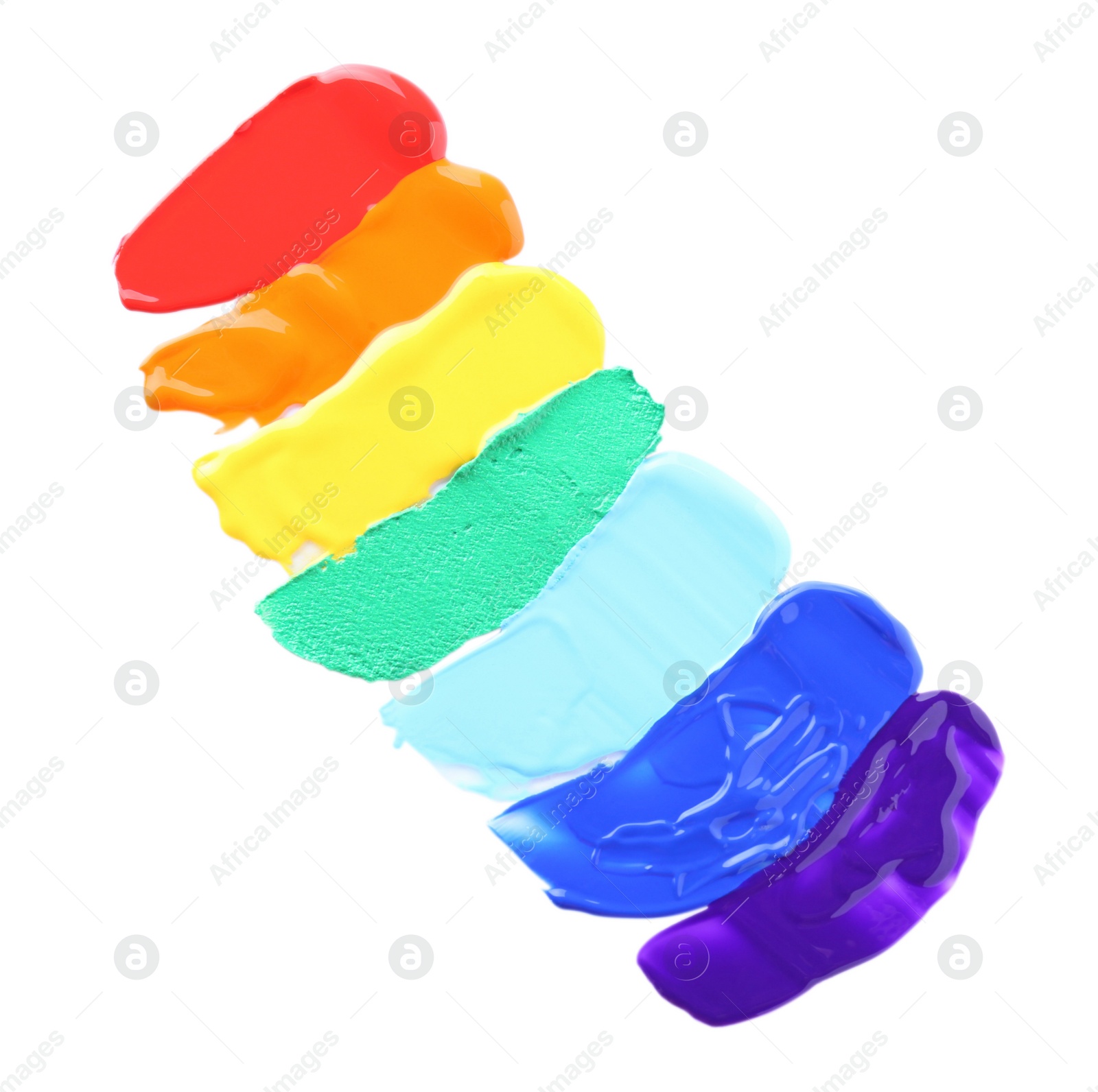 Photo of Multicolored paint samples on white background, top view