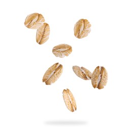 Image of Rolled oat flakes falling on white background