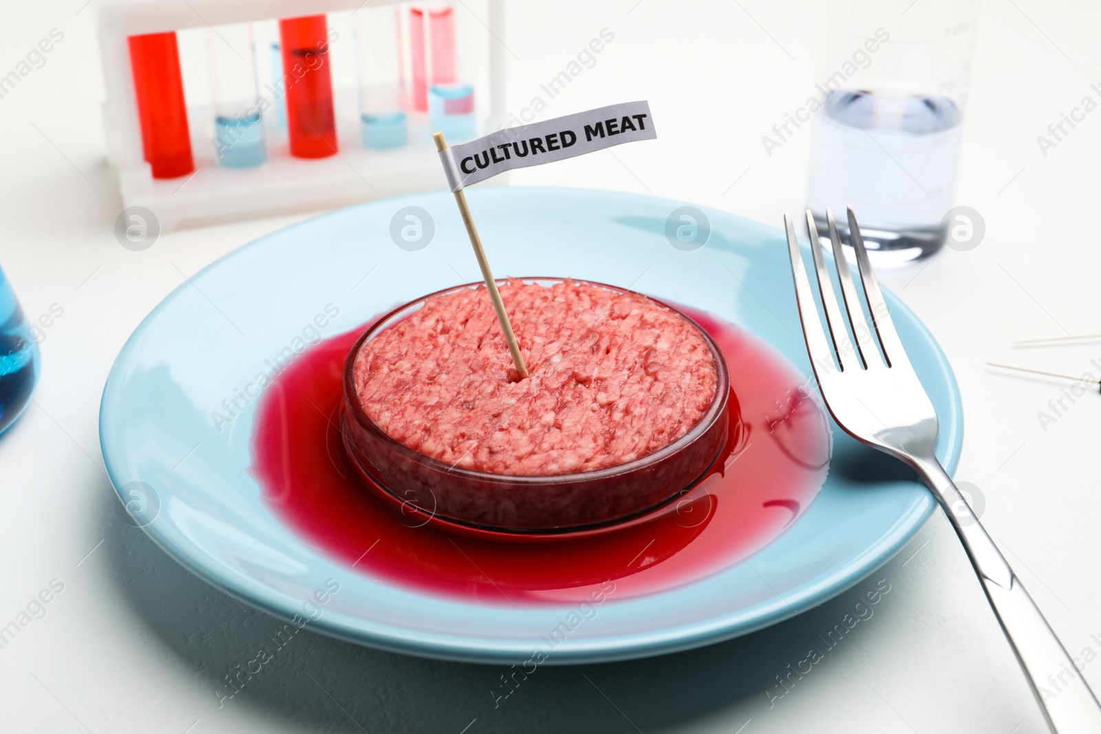 Photo of Minced cultured meat served on white lab table