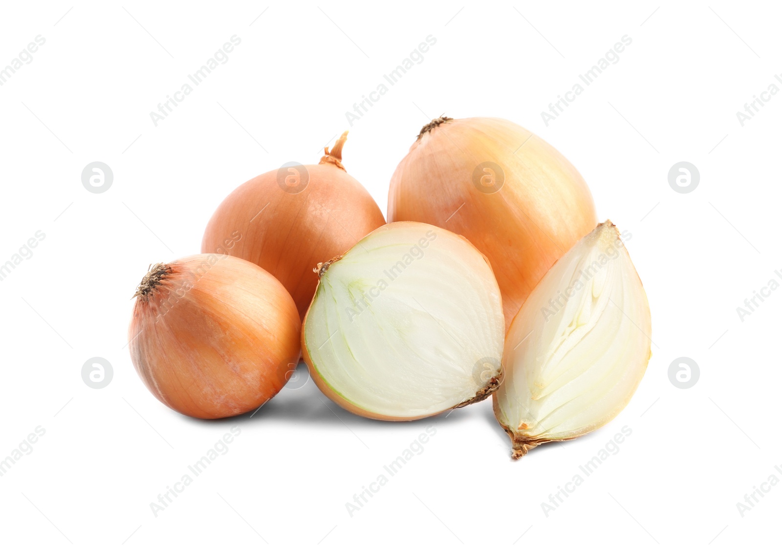 Photo of Fresh onions on white background. Ripe vegetable