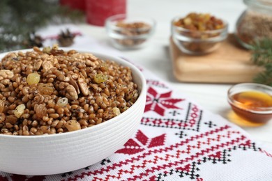 Traditional Christmas slavic dish kutia on table, closeup. Space for text