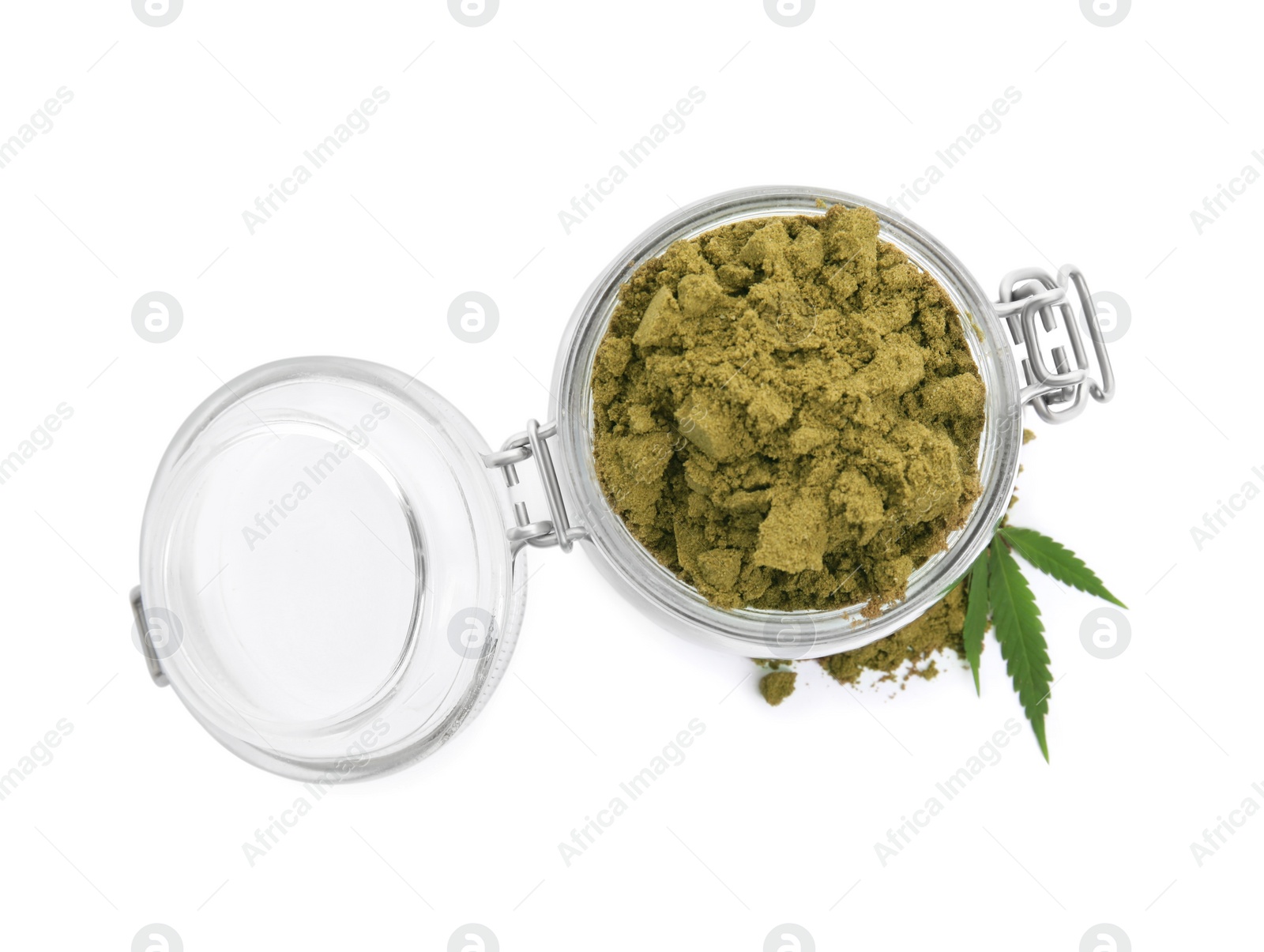 Photo of Jar with hemp protein powder and green leaf on white background, top view