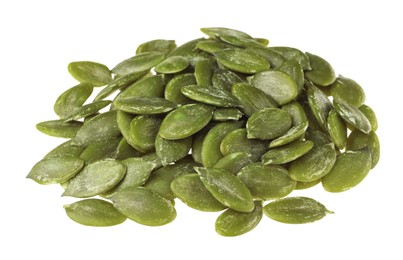 Pile of peeled pumpkin seeds isolated on white