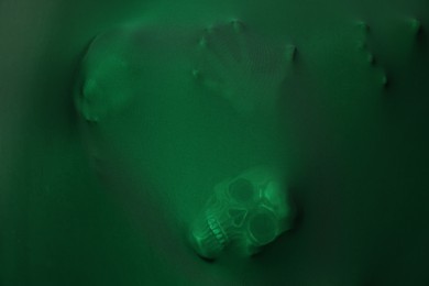 Photo of Silhouette of creepy ghost with skulls behind green cloth