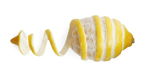 Photo of Fresh lemon and peel on white background, top view. Citrus zest