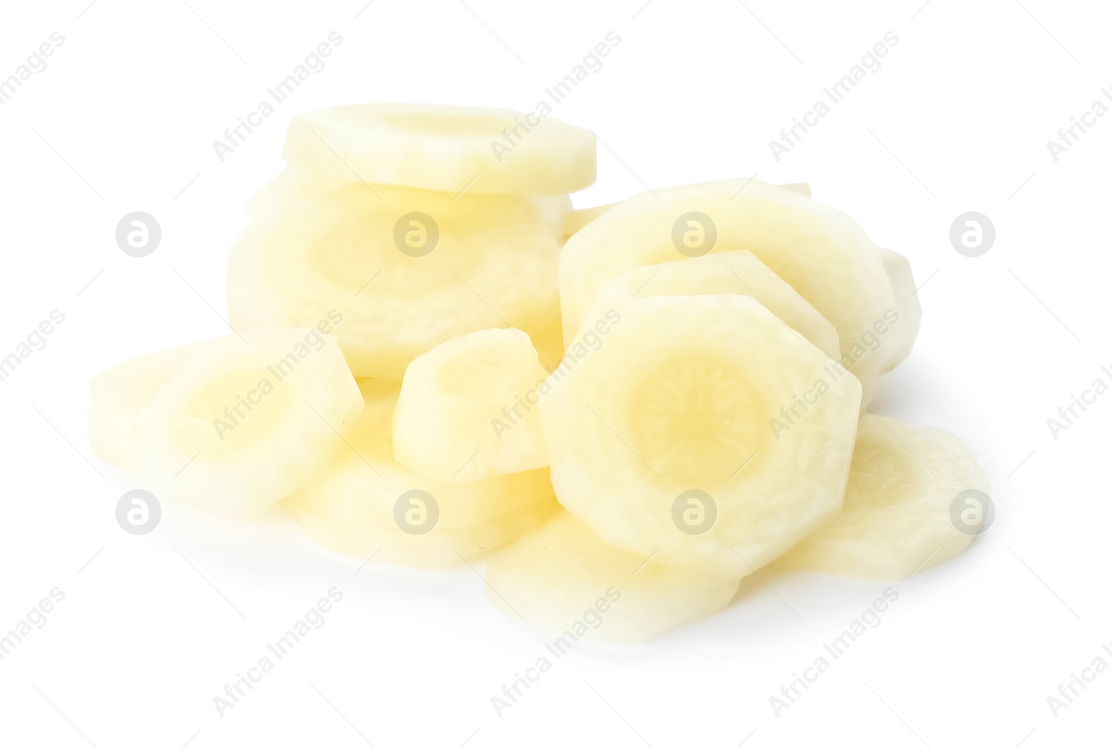 Photo of Pieces of raw carrot isolated on white