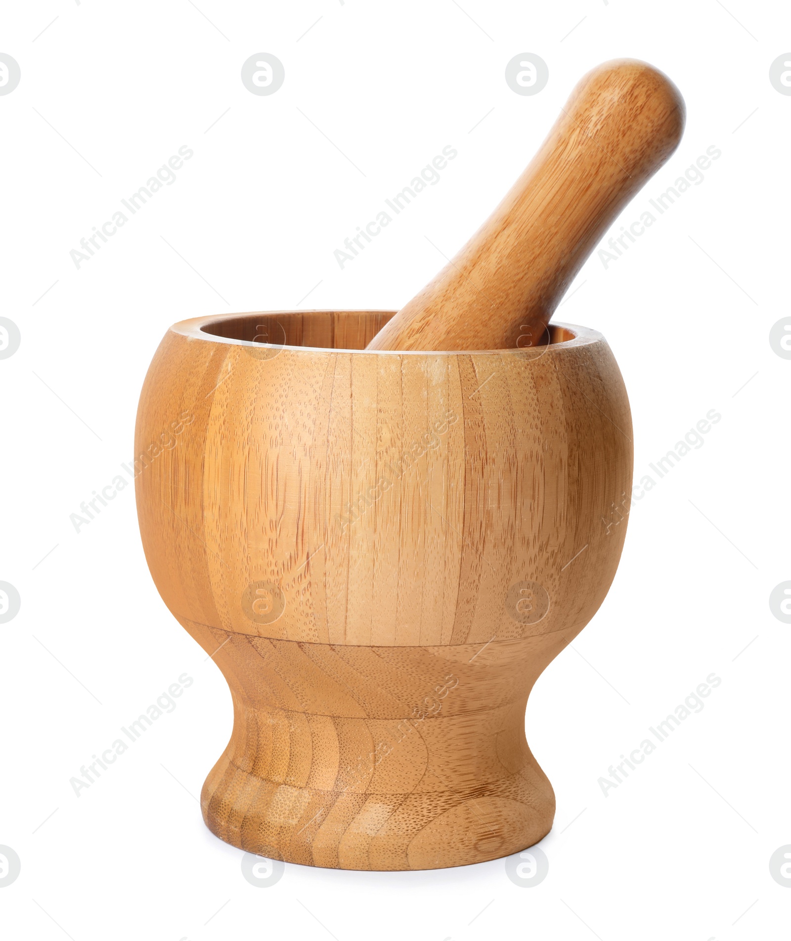 Photo of Mortar and pestle made of bamboo on white background