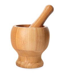 Photo of Mortar and pestle made of bamboo on white background