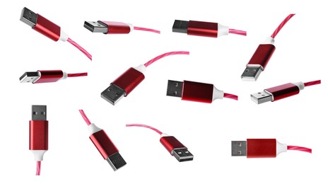 Red USB cable on white background, views from different sides