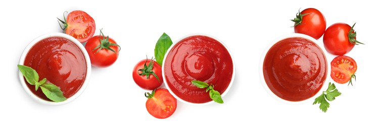 Collage of tasty ketchup in bowls and fresh tomatoes isolated on white, top view. Red sauce