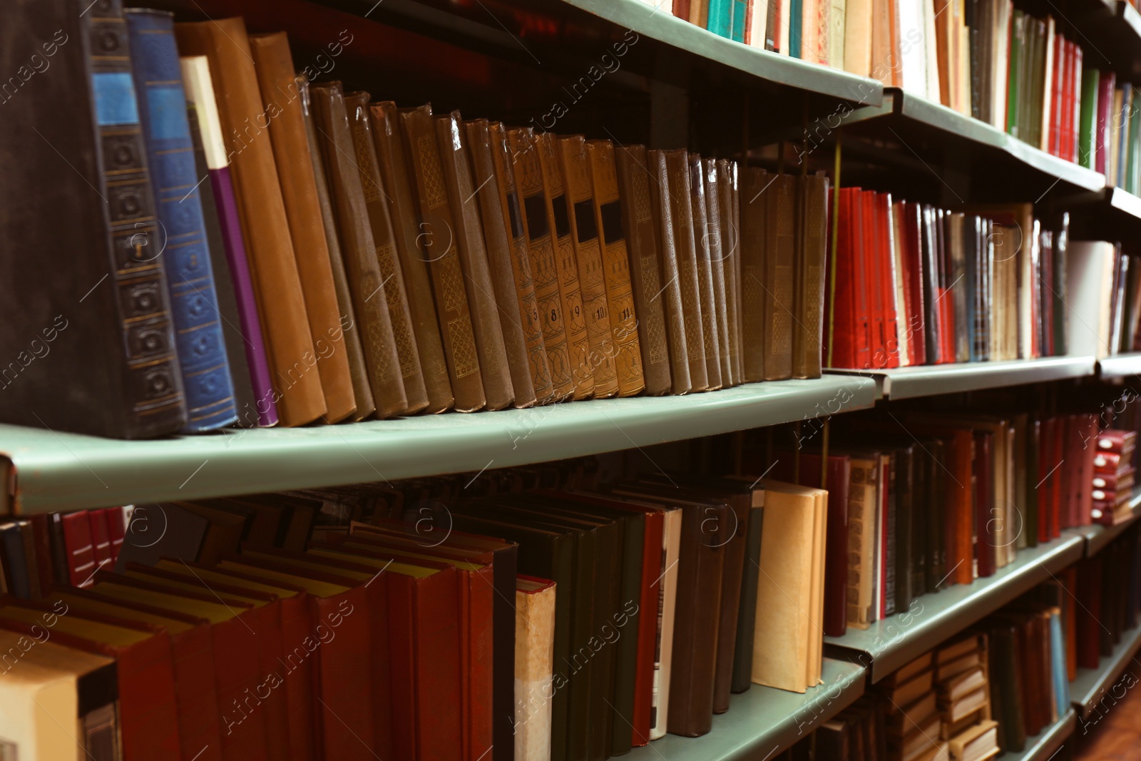 Image of Collection of different books on shelves in library