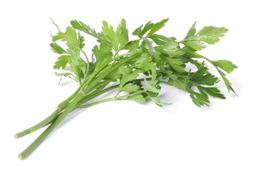 Photo of Sprigs of fresh green parsley leaves isolated on white