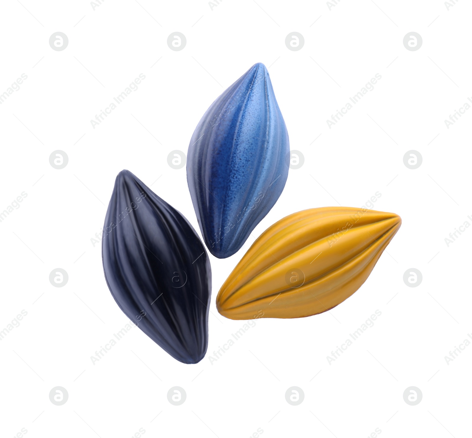 Photo of Tasty chocolate candies isolated on white, top view