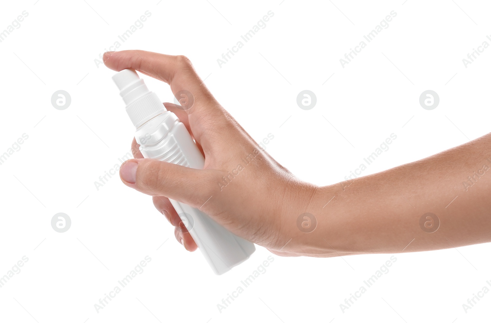 Photo of Woman with bottle of insect repellent spray on white background, closeup