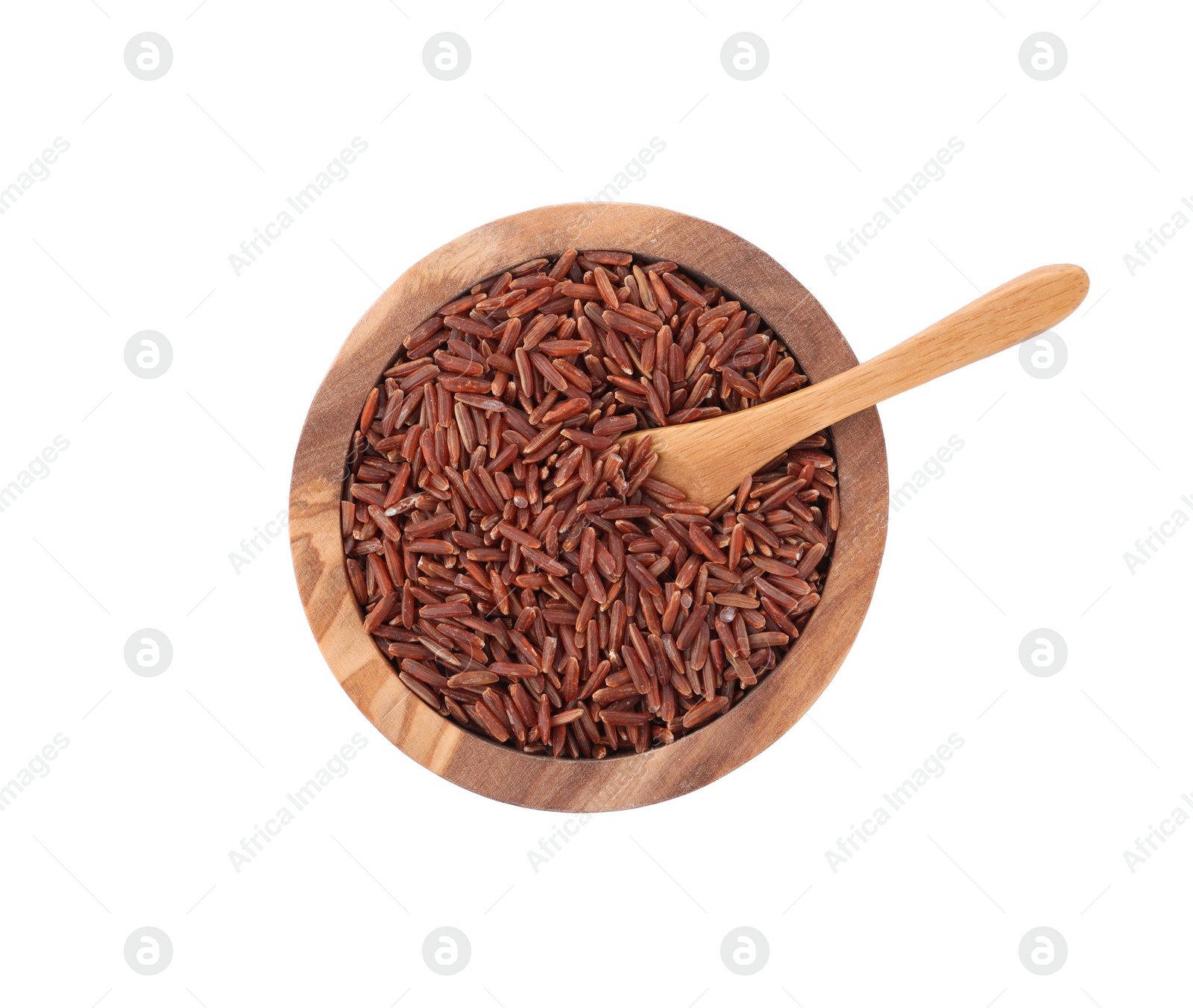 Photo of Raw red rice in bowl isolated on white, top view
