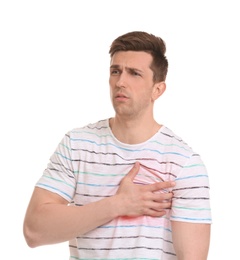 Photo of Young man having heart attack on white background