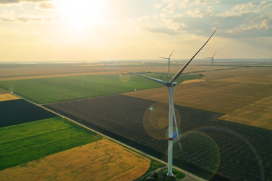 Image of Aerial view on modern wind turbines. Alternative energy source