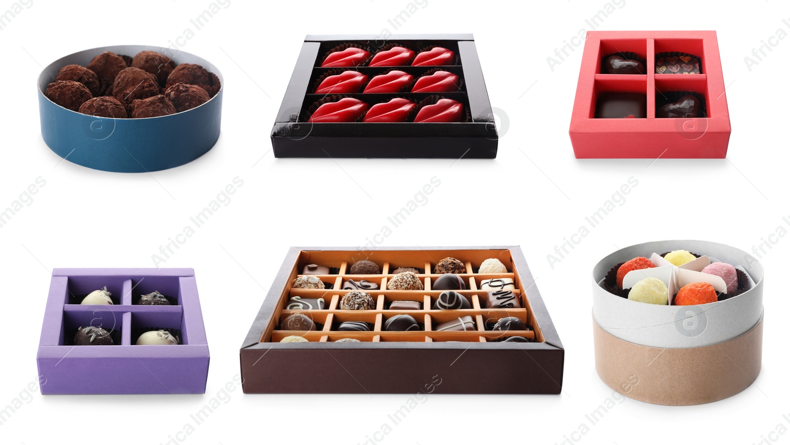 Image of Set with different boxes of chocolate candies on white background