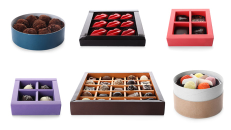 Set with different boxes of chocolate candies on white background